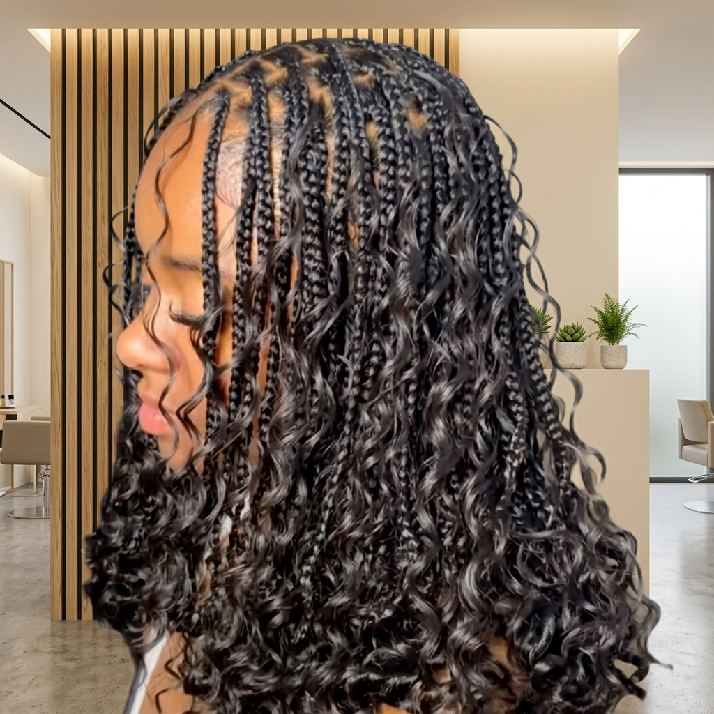 Client wearing small medium Bora Bora braids