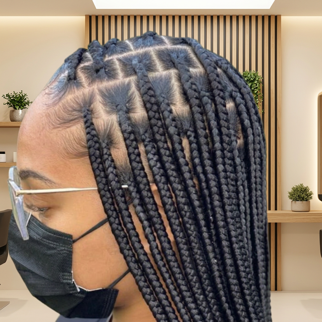 Client wearing medium regular knotless braids